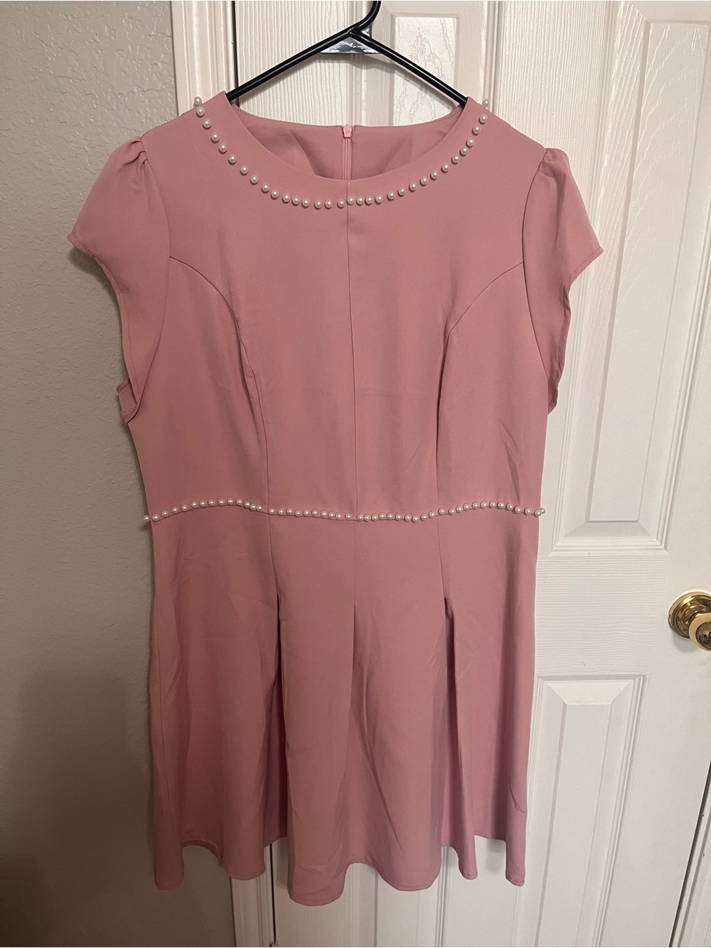 SHEIN Pink Pearl-Trim Cap Sleeve Fit & Flare Mini Dress